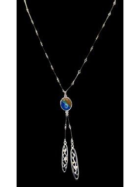 A/Line Bohemian Silver tone Necklace With Blue & Honey Pendant Openwork Dangle C